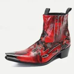Men's Red Snakeskin Leather Motorcycle Boots–Western Style Studded Pointed Toe Ankle Boots with Gold Tip Flame Cut-Out Design for Bold Fashion