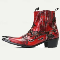 Men's Red Snakeskin Leather Motorcycle Boots–Western Style Studded Pointed Toe Ankle Boots with Gold Tip Flame Cut-Out Design for Bold Fashion