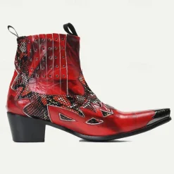 Men's Red Snakeskin Leather Motorcycle Boots–Western Style Studded Pointed Toe Ankle Boots with Gold Tip Flame Cut-Out Design for Bold Fashion