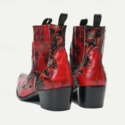 Men's Red Snakeskin Leather Motorcycle Boots–Western Style Studded Pointed Toe Ankle Boots with Gold Tip Flame Cut-Out Design for Bold Fashion