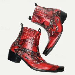 Men's Red Snakeskin Leather Motorcycle Boots–Western Style Studded Pointed Toe Ankle Boots with Gold Tip Flame Cut-Out Design for Bold Fashion