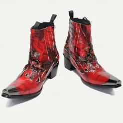 Men's Red Snakeskin Leather Motorcycle Boots–Western Style Studded Pointed Toe Ankle Boots with Gold Tip Flame Cut-Out Design for Bold Fashion