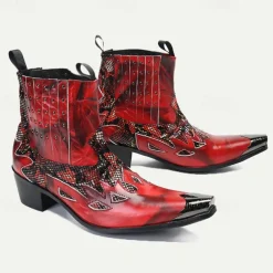 Men's Red Snakeskin Leather Motorcycle Boots–Western Style Studded Pointed Toe Ankle Boots with Gold Tip Flame Cut-Out Design for Bold Fashion