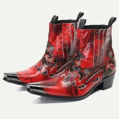 Men's Red Snakeskin Leather Motorcycle Boots–Western Style Studded Pointed Toe Ankle Boots with Gold Tip Flame Cut-Out Design for Bold Fashion