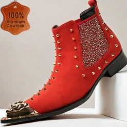 Men's Red Studded Leather Ankle Boots with Metallic Cap Toe and Sparkling Side Panels – Premium Cowhide Statement Footwear for Punk & Fashion-Forward Styles