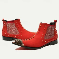 Men's Red Studded Leather Ankle Boots with Metallic Cap Toe and Sparkling Side Panels – Premium Cowhide Statement Footwear for Punk & Fashion-Forward Styles