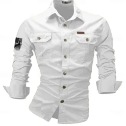 Men's Reindeer American US Flag Work Shirt Western Shirt Cargo Shirt Long Sleeve Casual Tactical Sports & Outdoor Going out Hunting Spring Fall Turndown Print Black White Army Green Red Blue