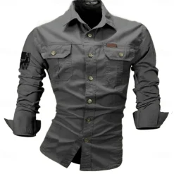 Men's Reindeer American US Flag Work Shirt Western Shirt Cargo Shirt Long Sleeve Casual Tactical Sports & Outdoor Going out Hunting Spring Fall Turndown Print Black White Army Green Red Blue