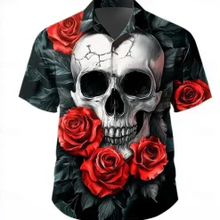 Men's Retro Halloween Costumes Day of the Dead Shirt Summer Shirt Button Up Shirt Short Sleeve Dark Gothic Style Outdoor Holiday Summer Spring Turndown 3D Print Collared Shirts Black Dark Green