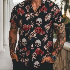 Men's Retro Halloween Costumes Day of the Dead Shirt Summer Shirt Button Up Shirt Short Sleeve Dark Gothic Style Outdoor Holiday Summer Spring Turndown 3D Print Collared Shirts Black Dark Green