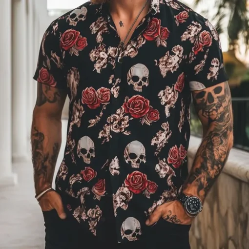 Men's Retro Halloween Costumes Day of the Dead Shirt Summer Shirt Button Up Shirt Short Sleeve Dark Gothic Style Outdoor Holiday Summer Spring Turndown 3D Print Collared Shirts Black Dark Green