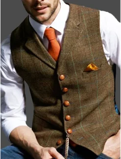 Men's Retro Vintage Vest Herringbone Tailored Fit Notch Single Breasted More-button Blue Green Khaki 2023