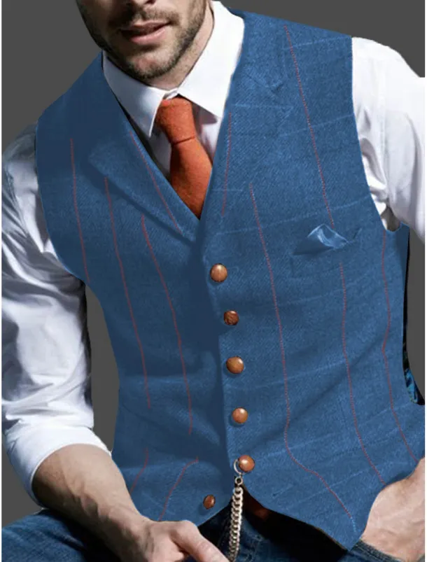 Men's Retro Vintage Vest Herringbone Tailored Fit Notch Single Breasted More-button Blue Green Khaki 2023