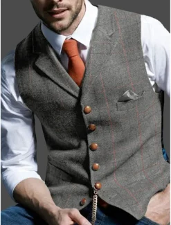 Men's Retro Vintage Vest Herringbone Tailored Fit Notch Single Breasted More-button Blue Green Khaki 2023