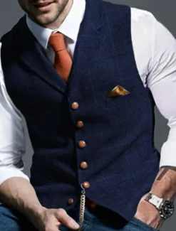 Men's Retro Vintage Vest Herringbone Tailored Fit Notch Single Breasted More-button Blue Green Khaki 2023
