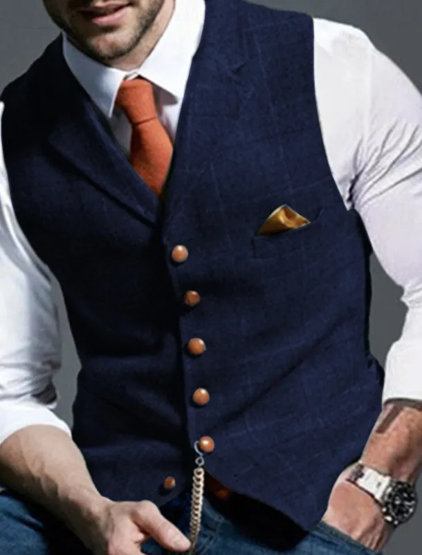 Men's Retro Vintage Vest Herringbone Tailored Fit Notch Single Breasted More-button Blue Green Khaki 2023