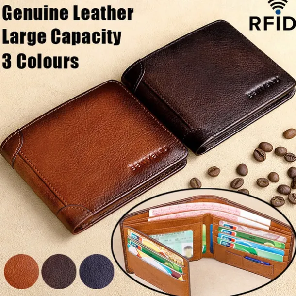 Men's RFID Blocking Bifold Wallet, Genuine Leather Slim Card Holder with ID Window and Cash Compartment, Classic Business Style for Daily Use and Travel