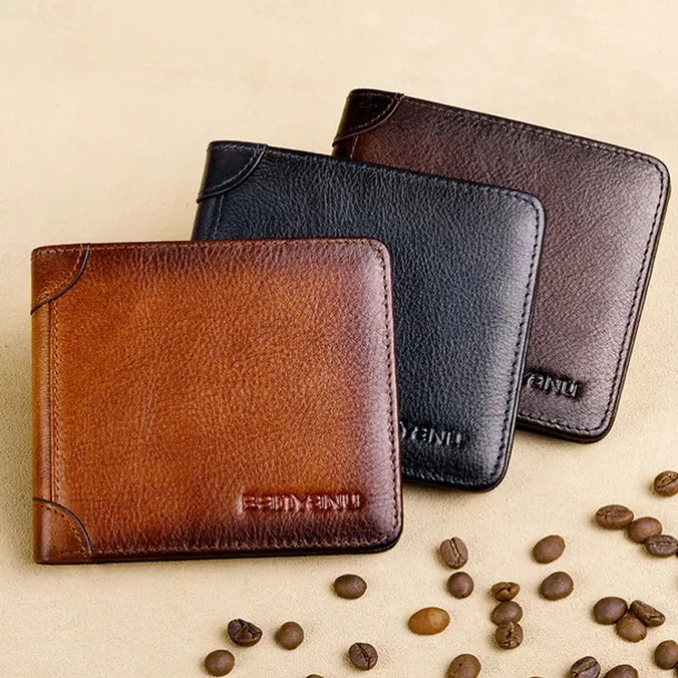 Men's RFID Blocking Bifold Wallet, Genuine Leather Slim Card Holder with ID Window and Cash Compartment, Classic Business Style for Daily Use and Travel