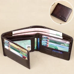 Men's RFID Blocking Bifold Wallet, Genuine Leather Slim Card Holder with ID Window and Cash Compartment, Classic Business Style for Daily Use and Travel