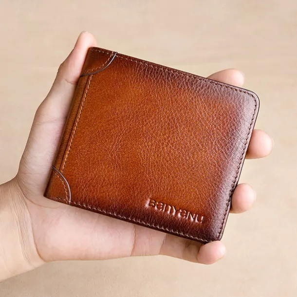 Men's RFID Blocking Bifold Wallet, Genuine Leather Slim Card Holder with ID Window and Cash Compartment, Classic Business Style for Daily Use and Travel