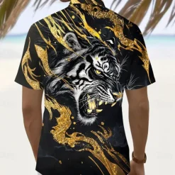 Men's Roaring Animal Tiger Shirt Summer Shirt Button Up Shirt Short Sleeve Dark Outdoor Vacation Dailywear Summer Spring Turndown 3D Print Collared Shirts Front One Pocket Red Blue Gold Green