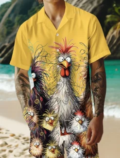 Men's Rooster 2pcs Shirts Sets Summer Tops Short Sleeve Short Pants Cuban Collar Vacation Casual Daily Party Casual Daily 3D Print Summer Robin's Egg Blue White Yellow