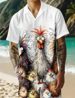 Men's Rooster 2pcs Shirts Sets Summer Tops Short Sleeve Short Pants Cuban Collar Vacation Casual Daily Party Casual Daily 3D Print Summer Robin's Egg Blue White Yellow