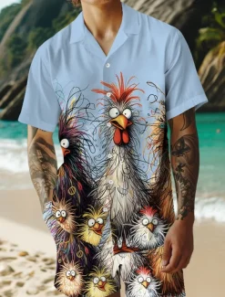 Men's Rooster 2pcs Shirts Sets Summer Tops Short Sleeve Short Pants Cuban Collar Vacation Casual Daily Party Casual Daily 3D Print Summer Robin's Egg Blue White Yellow
