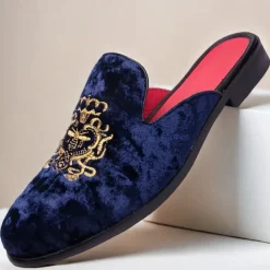 Men's Royal Velvet Embroidered Loafers - Regal Slip-On Slippers with Gold Crown Crest Embellishment