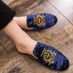 Men's Royal Velvet Embroidered Loafers - Regal Slip-On Slippers with Gold Crown Crest Embellishment