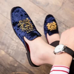 Men's Royal Velvet Embroidered Loafers - Regal Slip-On Slippers with Gold Crown Crest Embellishment