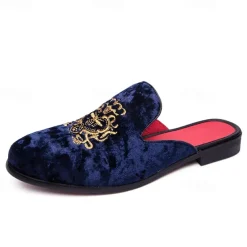 Men's Royal Velvet Embroidered Loafers - Regal Slip-On Slippers with Gold Crown Crest Embellishment