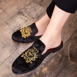 Men's Royal Velvet Embroidered Loafers - Regal Slip-On Slippers with Gold Crown Crest Embellishment