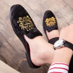 Men's Royal Velvet Embroidered Loafers - Regal Slip-On Slippers with Gold Crown Crest Embellishment