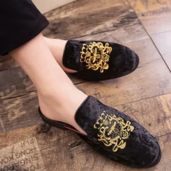 Men's Royal Velvet Embroidered Loafers - Regal Slip-On Slippers with Gold Crown Crest Embellishment