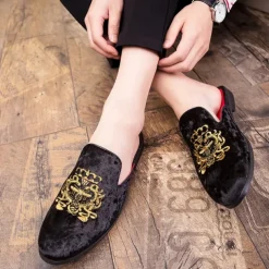 Men's Royal Velvet Embroidered Loafers - Regal Slip-On Slippers with Gold Crown Crest Embellishment