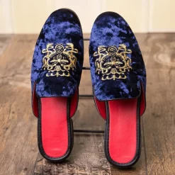Men's Royal Velvet Embroidered Loafers - Regal Slip-On Slippers with Gold Crown Crest Embellishment