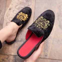 Men's Royal Velvet Embroidered Loafers - Regal Slip-On Slippers with Gold Crown Crest Embellishment
