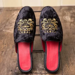 Men's Royal Velvet Embroidered Loafers - Regal Slip-On Slippers with Gold Crown Crest Embellishment