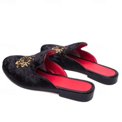 Men's Royal Velvet Embroidered Loafers - Regal Slip-On Slippers with Gold Crown Crest Embellishment