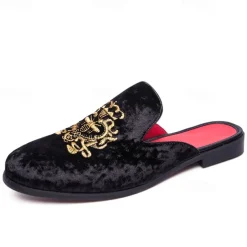 Men's Royal Velvet Embroidered Loafers - Regal Slip-On Slippers with Gold Crown Crest Embellishment