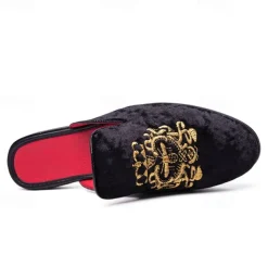 Men's Royal Velvet Embroidered Loafers - Regal Slip-On Slippers with Gold Crown Crest Embellishment