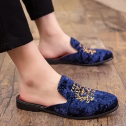 Men's Royal Velvet Embroidered Loafers - Regal Slip-On Slippers with Gold Crown Crest Embellishment