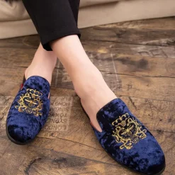 Men's Royal Velvet Embroidered Loafers - Regal Slip-On Slippers with Gold Crown Crest Embellishment
