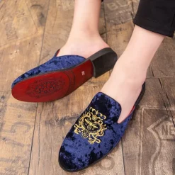 Men's Royal Velvet Embroidered Loafers - Regal Slip-On Slippers with Gold Crown Crest Embellishment