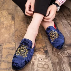 Men's Royal Velvet Embroidered Loafers - Regal Slip-On Slippers with Gold Crown Crest Embellishment