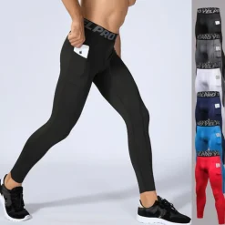 Men's Running Tights Leggings Compression Pants with Phone Pocket High Waist Base Layer Winter Tummy Control Butt Lift Quick Dry Fitness Gym Workout Running Sportswear Activewear Black White Red