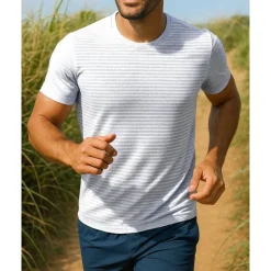 Men's Running Top Running Shirt Short Sleeve Tee Tshirt Breathable Quick Dry Lightweight Elastic Tennis Golf Running Sportswear Activewear Striped Black White Blue