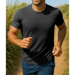 Men's Running Top Running Shirt Short Sleeve Tee Tshirt Breathable Quick Dry Lightweight Elastic Tennis Golf Running Sportswear Activewear Striped Black White Blue