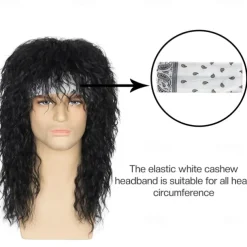 Men's 80s Mullet Wig Black Curly Wig Punk Rocker Wig Party Cosplay Hair with Accessories Halloween Wigs